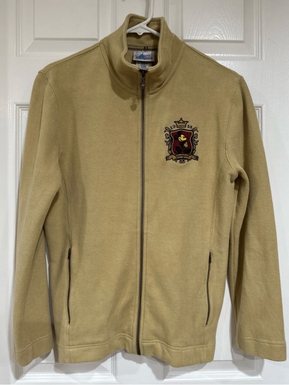 Women's Y2K Size S Disneyland Embroidered Mickey Mouse Mock Neck Jacket Tan